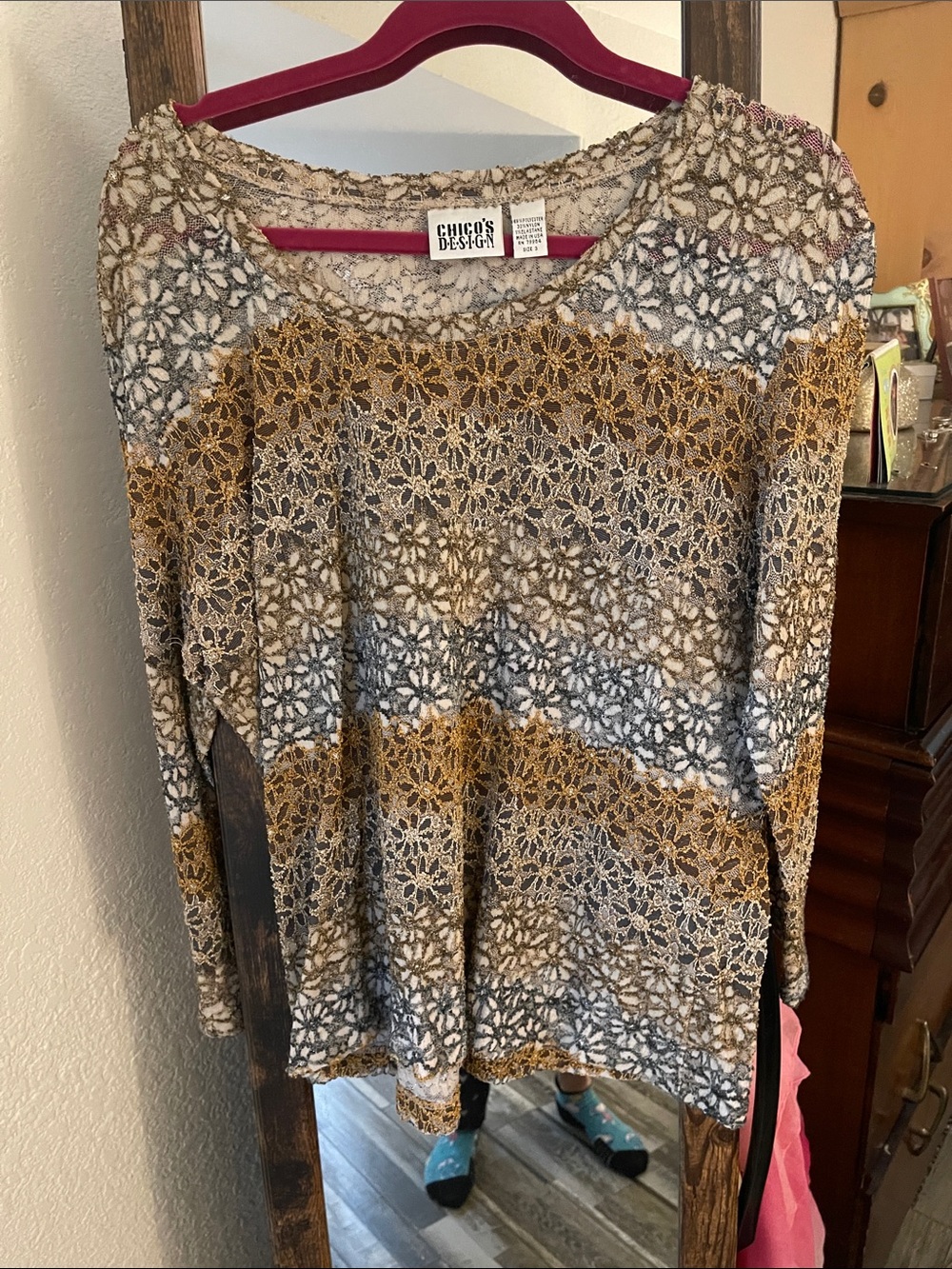 Chico's Floral Crochet Knit Long Sleeve Top - Gold, Gray